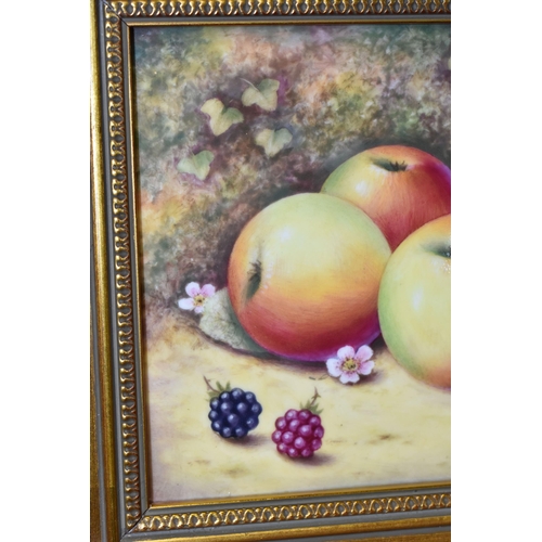 395 - A FRAMED ROYAL WORCESTER FALLEN FRUITS HAND PAINTED PLAQUE, painted with apples, cherries and blackb... 