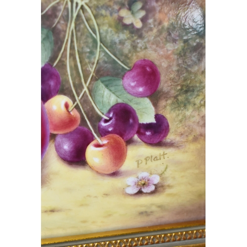 395 - A FRAMED ROYAL WORCESTER FALLEN FRUITS HAND PAINTED PLAQUE, painted with apples, cherries and blackb... 