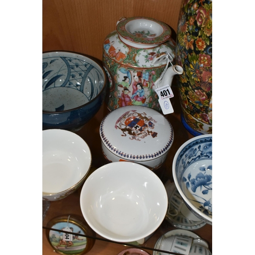 401 - A GROUP OF ORIENTAL CERAMICS AND ENAMEL WARE, to include a famille rose teapot (missing handle), two... 