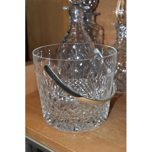 405 - A STUART CRYSTAL ICE BUCKET AND FOUR CRYSTAL DECANTERS, ice bucket measures: height 13.5cm x diamete... 