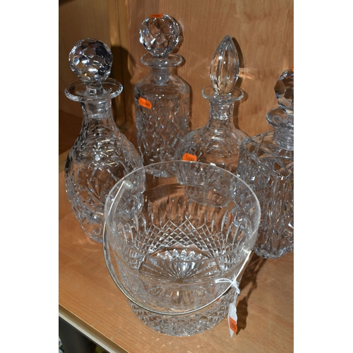 405 - A STUART CRYSTAL ICE BUCKET AND FOUR CRYSTAL DECANTERS, ice bucket measures: height 13.5cm x diamete... 