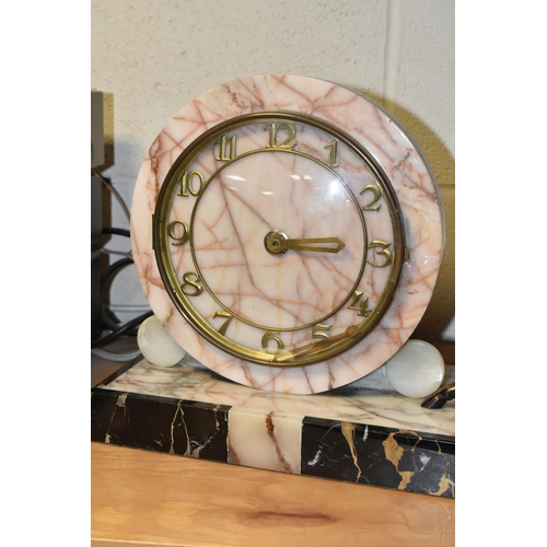 407 - A FRENCH ART DECO MARBLE MANTEL CLOCK, with figure of a deer or antelope beside the circular clock, ... 