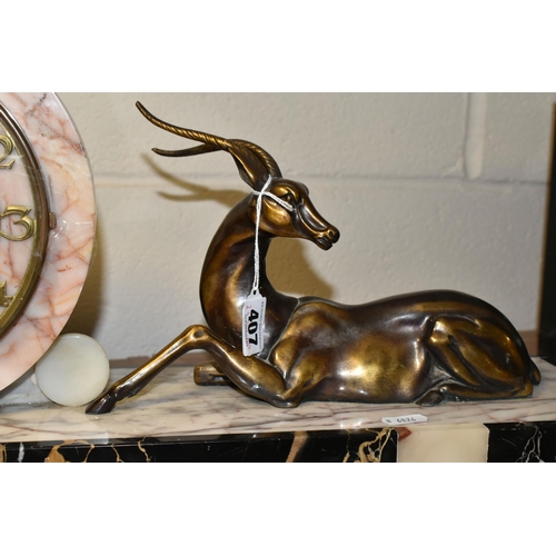 407 - A FRENCH ART DECO MARBLE MANTEL CLOCK, with figure of a deer or antelope beside the circular clock, ... 