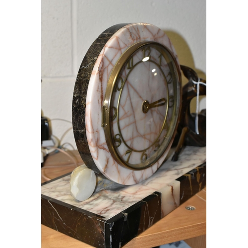 407 - A FRENCH ART DECO MARBLE MANTEL CLOCK, with figure of a deer or antelope beside the circular clock, ... 