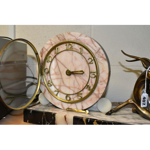 407 - A FRENCH ART DECO MARBLE MANTEL CLOCK, with figure of a deer or antelope beside the circular clock, ... 