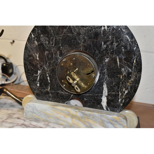 407 - A FRENCH ART DECO MARBLE MANTEL CLOCK, with figure of a deer or antelope beside the circular clock, ... 