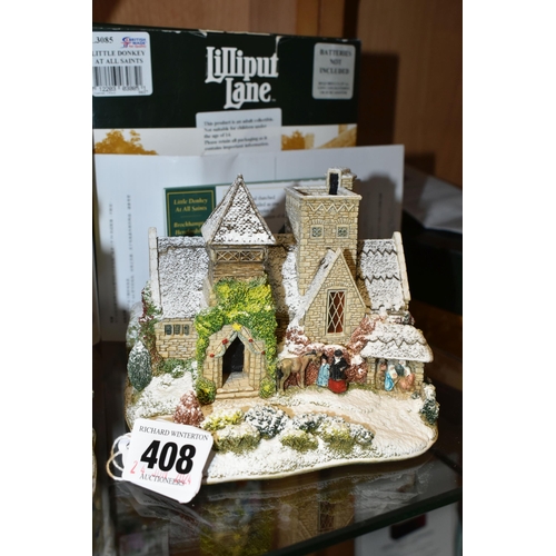 408 - FOUR BOXED LILLIPUT LANE CHRISTMAS SPECIALS, all with deeds, comprising Little Donkey At All Saints ... 