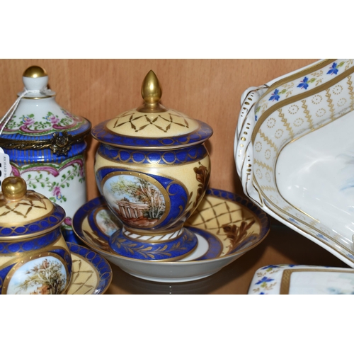 409 - A GROUP OF LIMOGES PORCELAIN, to include a near pair of ewers, height 21cm, a tray painted with flow... 