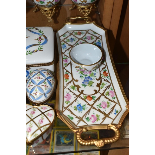 409 - A GROUP OF LIMOGES PORCELAIN, to include a near pair of ewers, height 21cm, a tray painted with flow... 