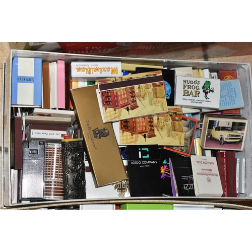 416 - THREE BOXES OF MATCHBOOKS, MATCHBOXES AND LIGHTERS, to include mainly souvenir matchboxes and matchb... 