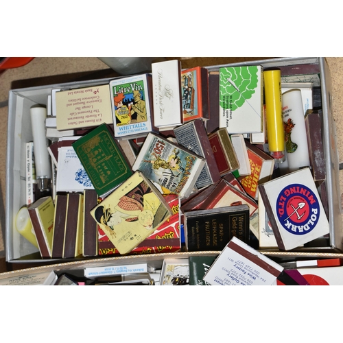 416 - THREE BOXES OF MATCHBOOKS, MATCHBOXES AND LIGHTERS, to include mainly souvenir matchboxes and matchb... 