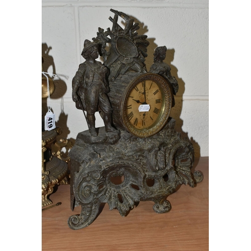 419 - A FRENCH EIGHT DAY CLOCK WITH PENDULUM AND ONE OTHER GILT METAL CLOCK, comprising a gilt metal clock... 