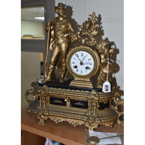 419 - A FRENCH EIGHT DAY CLOCK WITH PENDULUM AND ONE OTHER GILT METAL CLOCK, comprising a gilt metal clock... 