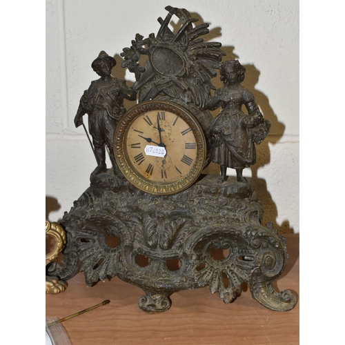 419 - A FRENCH EIGHT DAY CLOCK WITH PENDULUM AND ONE OTHER GILT METAL CLOCK, comprising a gilt metal clock... 