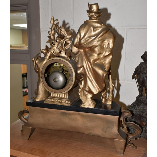 419 - A FRENCH EIGHT DAY CLOCK WITH PENDULUM AND ONE OTHER GILT METAL CLOCK, comprising a gilt metal clock... 