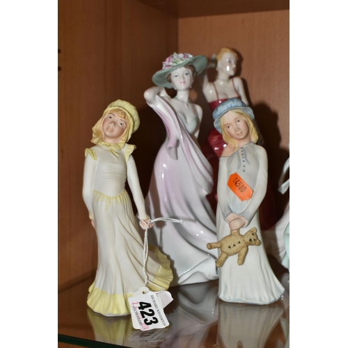 423 - A GROUP OF COALPORT LADIES OF FASHION AND SIMILAR FIGURINES, comprising Coalport ' Young Love', 'Hen... 