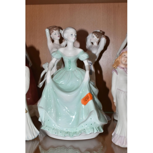 423 - A GROUP OF COALPORT LADIES OF FASHION AND SIMILAR FIGURINES, comprising Coalport ' Young Love', 'Hen... 