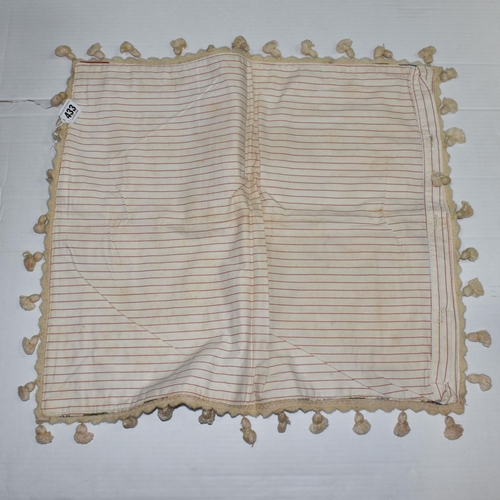 433 - A HANDMADE EARLY 20TH CENTURY SILKS CUSHION COVER, machine sewn with tasselled edges, 47cm x53cm  (1... 