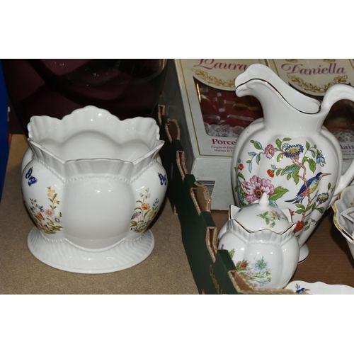 453 - TWO BOXES OF MIXED CERAMICS AND THREE LOOSE VASES to include a quantity of Aynsley 'Pembroke,' 'Cott... 