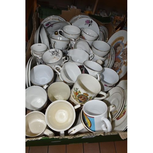 453 - TWO BOXES OF MIXED CERAMICS AND THREE LOOSE VASES to include a quantity of Aynsley 'Pembroke,' 'Cott... 