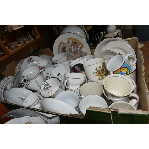 453 - TWO BOXES OF MIXED CERAMICS AND THREE LOOSE VASES to include a quantity of Aynsley 'Pembroke,' 'Cott... 