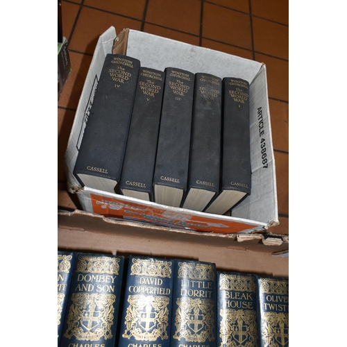 455 - TWO BOXES OF CHARLES DICKENS NOVELS AND THE SECOND WORLD WAR BY WINSTON CHURCHILL to include titles ... 