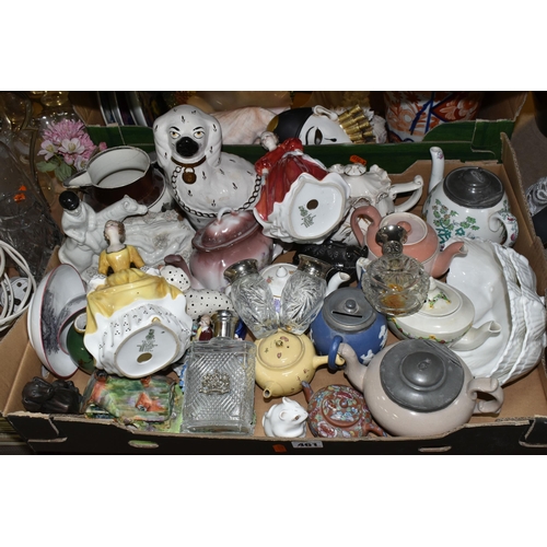 461 - THREE BOXES OF MIXED CERAMICS AND GLASSWARE to include four Ralph Lauren bottles, a claret jug etche... 