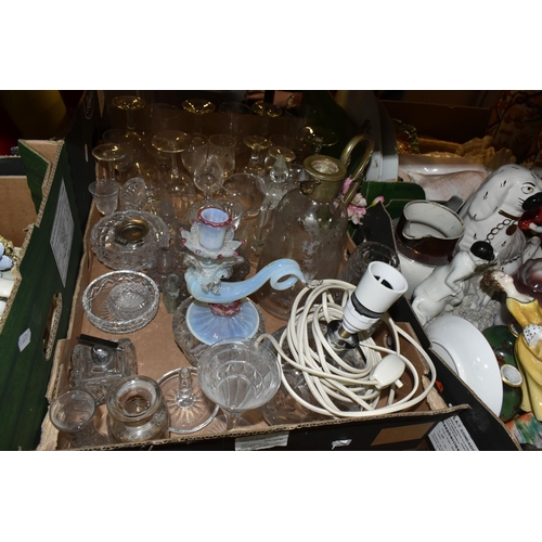 461 - THREE BOXES OF MIXED CERAMICS AND GLASSWARE to include four Ralph Lauren bottles, a claret jug etche... 