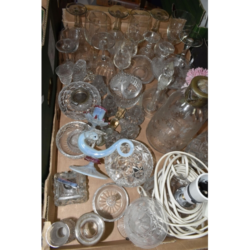 461 - THREE BOXES OF MIXED CERAMICS AND GLASSWARE to include four Ralph Lauren bottles, a claret jug etche... 