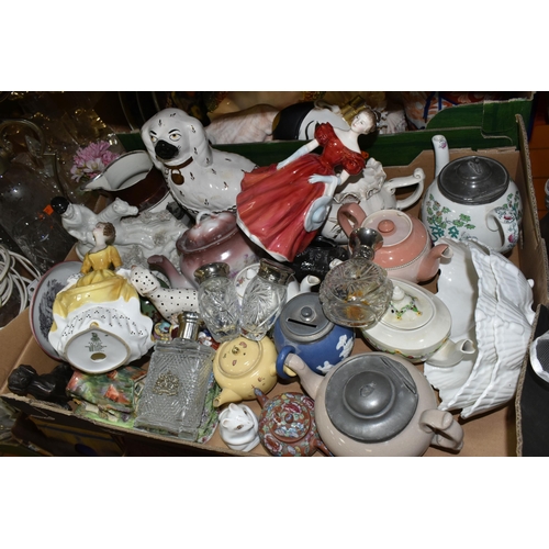 461 - THREE BOXES OF MIXED CERAMICS AND GLASSWARE to include four Ralph Lauren bottles, a claret jug etche... 