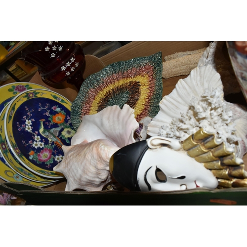 461 - THREE BOXES OF MIXED CERAMICS AND GLASSWARE to include four Ralph Lauren bottles, a claret jug etche... 