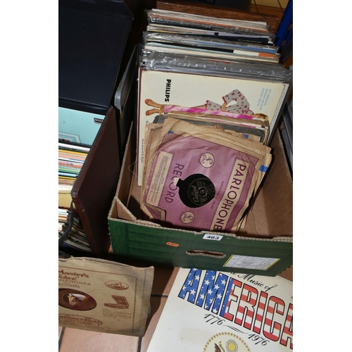 463 - TWO BOXES AND THREE CASES OF LPs  to include approximately 400 LPs of various genres consisting an a... 