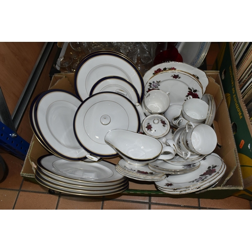 464 - TWO BOXES OF MIXED KITCHEN AND GLASS WARES to include a partial Royal Worcester 'Howard' dinner set ... 