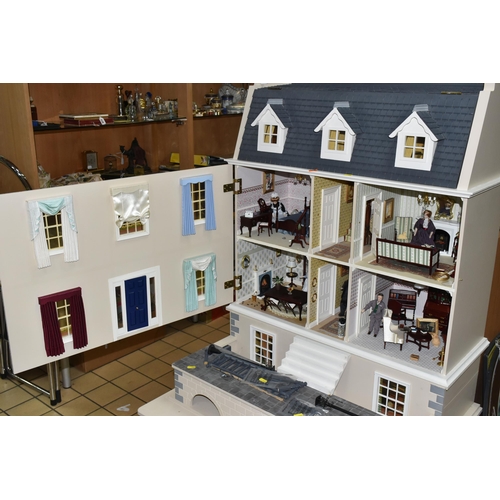 466 - A LARGE MODERN WOODEN DOLLS HOUSE MODELLED AS A  TWO STOREY GEORGIAN TOWN HOUSE WITH ATTIC AND BASEM... 