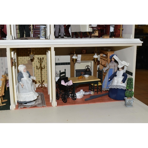 466 - A LARGE MODERN WOODEN DOLLS HOUSE MODELLED AS A  TWO STOREY GEORGIAN TOWN HOUSE WITH ATTIC AND BASEM... 