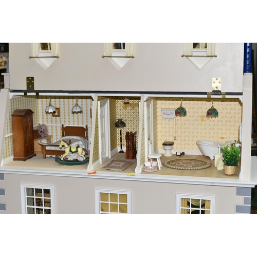 466 - A LARGE MODERN WOODEN DOLLS HOUSE MODELLED AS A  TWO STOREY GEORGIAN TOWN HOUSE WITH ATTIC AND BASEM... 