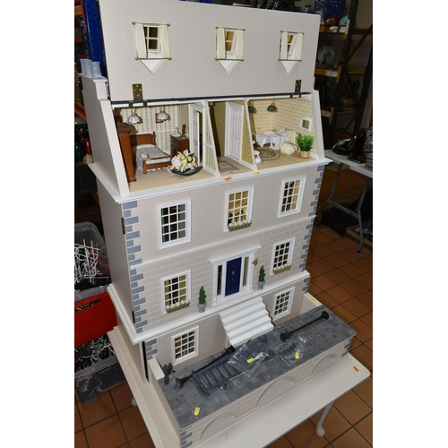 466 - A LARGE MODERN WOODEN DOLLS HOUSE MODELLED AS A  TWO STOREY GEORGIAN TOWN HOUSE WITH ATTIC AND BASEM... 