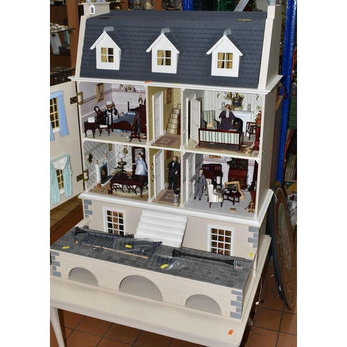 466 - A LARGE MODERN WOODEN DOLLS HOUSE MODELLED AS A  TWO STOREY GEORGIAN TOWN HOUSE WITH ATTIC AND BASEM... 