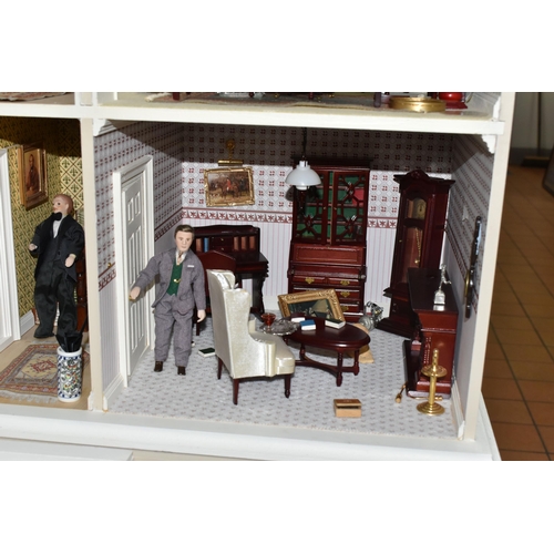 466 - A LARGE MODERN WOODEN DOLLS HOUSE MODELLED AS A  TWO STOREY GEORGIAN TOWN HOUSE WITH ATTIC AND BASEM... 