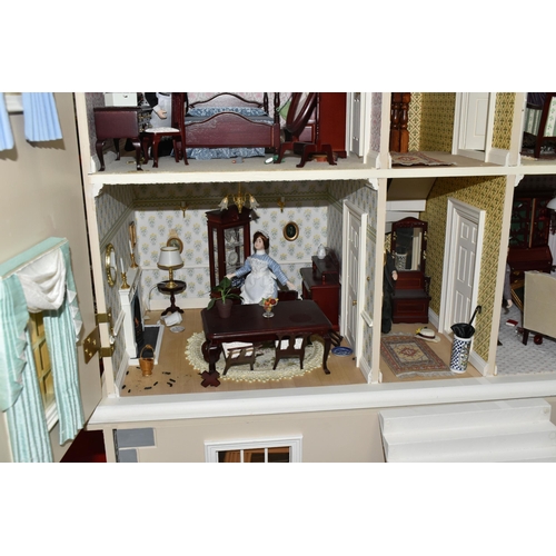 466 - A LARGE MODERN WOODEN DOLLS HOUSE MODELLED AS A  TWO STOREY GEORGIAN TOWN HOUSE WITH ATTIC AND BASEM... 