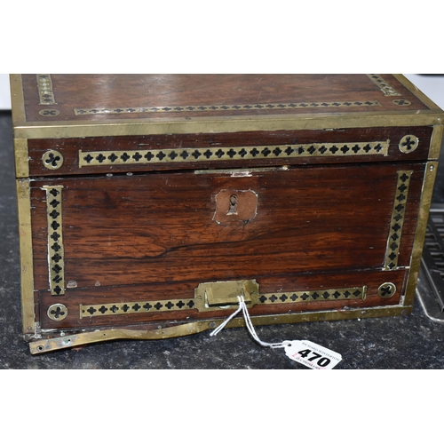 470 - A VICTORIAN ROSEWOOD LADIES' VANITY/TRINKET BOX, complete with blue velvet interior containing plate... 