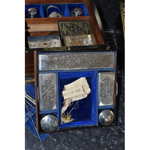 470 - A VICTORIAN ROSEWOOD LADIES' VANITY/TRINKET BOX, complete with blue velvet interior containing plate... 