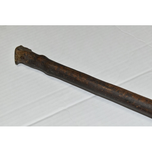 471 - AN 18TH CENTURY GNARLED WOOD, INLAID PIN WORK AND PAINTED WALKING CANE, the smoothed top bearing inl... 