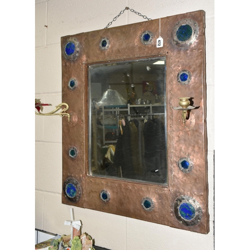 472 - A LARGE ARTS & CRAFTS COPPER FRAMED MIRROR, an Arts and Crafts hammered copper covered oak framed re... 