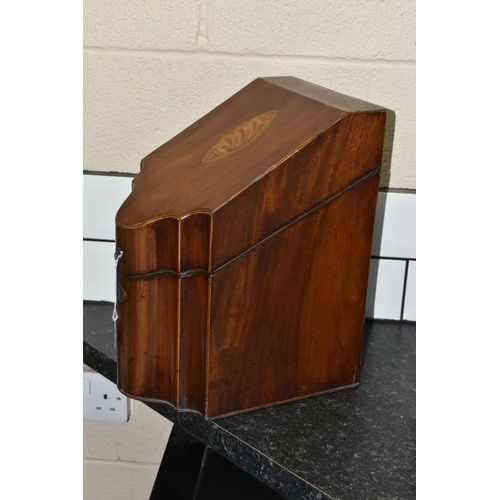 475 - A GEORGIAN MAHOGANY  KNIFE BOX, serpentine fronted mahogany knife box, with inlaid stringing, white ... 