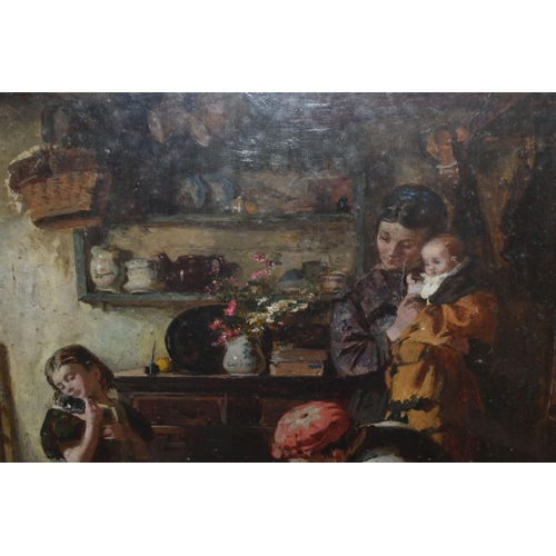 480 - ATTRIBUTED TO ARTHUR STOCKS (1846-1889) 'MENDING THE OLD CRADLE', a 19th century genre scene of a ma... 