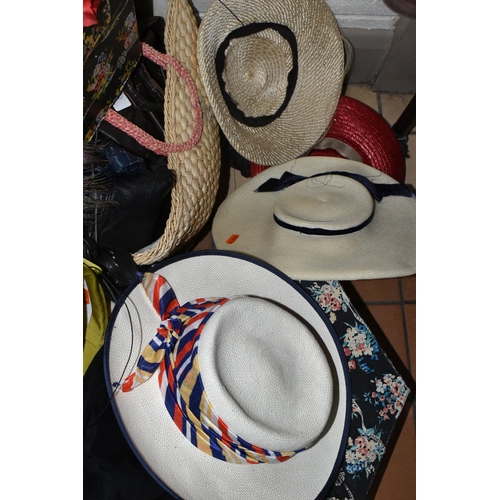 486 - TWO BOXES, VINTAGE HAT BOXES AND LOOSE CLOTHING, comprising a large collection of ladies vintage hat... 