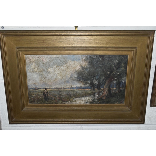 487 - TWO LATE 19TH CENTURY, CONTINENTAL IMPRESSIONIST LANDSCAPES WITH FIGURES, unknown initials bottom ri... 