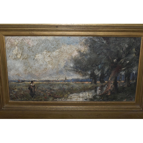 487 - TWO LATE 19TH CENTURY, CONTINENTAL IMPRESSIONIST LANDSCAPES WITH FIGURES, unknown initials bottom ri... 