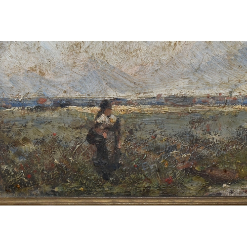 487 - TWO LATE 19TH CENTURY, CONTINENTAL IMPRESSIONIST LANDSCAPES WITH FIGURES, unknown initials bottom ri... 